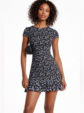 MICHAEL Michael Kors Black Mini Dress with Light Blue Floral Print L